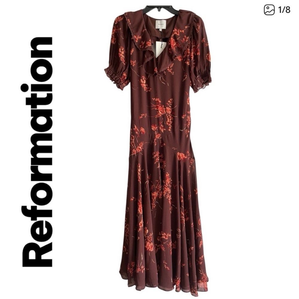 NWT Reformation Women's Floral Dress - Red and Brown